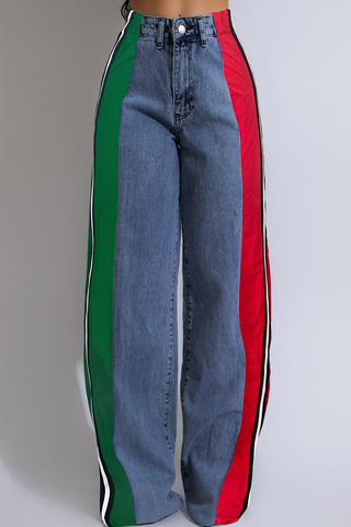 Blue Red Casual Contrast Mid Waist Loose Denim Jeans