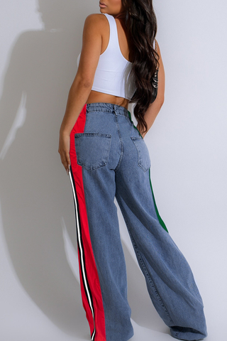 Blue Red Casual Contrast Mid Waist Loose Denim Jeans
