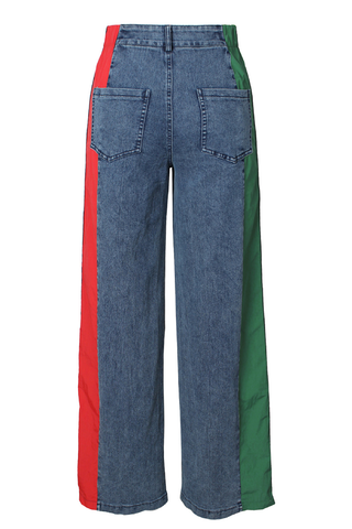 Blue Red Casual Contrast Mid Waist Loose Denim Jeans