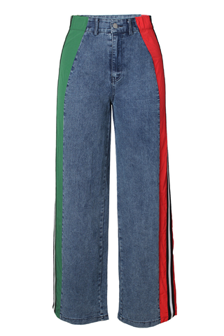 Blue Red Casual Contrast Mid Waist Loose Denim Jeans