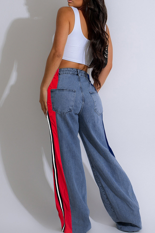 Blue Red Casual Contrast Mid Waist Loose Denim Jeans