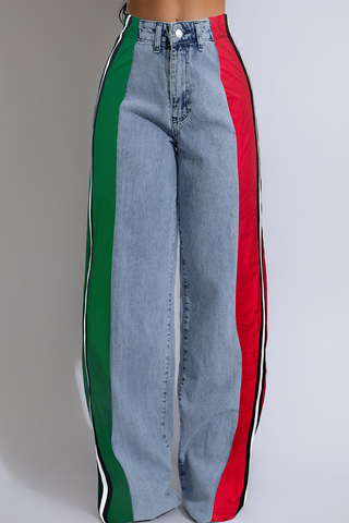 Blue Red Casual Contrast Mid Waist Loose Denim Jeans