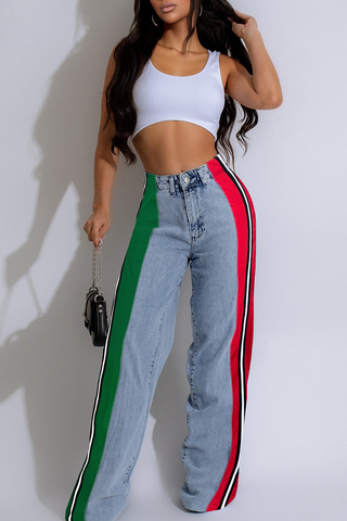 Blue Red Casual Contrast Mid Waist Loose Denim Jeans