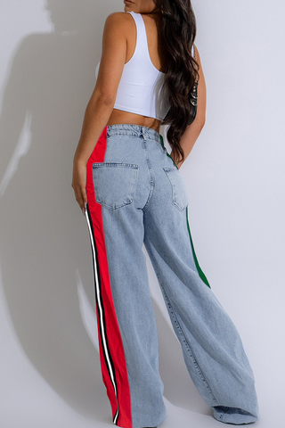 Blue Red Casual Contrast Mid Waist Loose Denim Jeans
