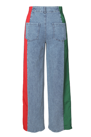 Blue Red Casual Contrast Mid Waist Loose Denim Jeans