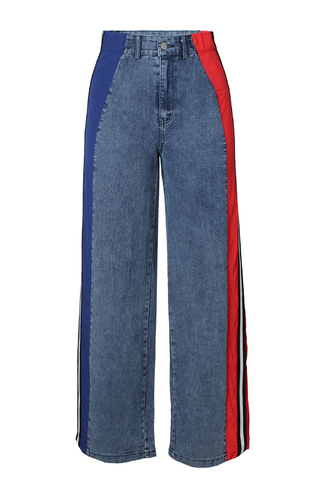 Blue Red Casual Contrast Mid Waist Loose Denim Jeans