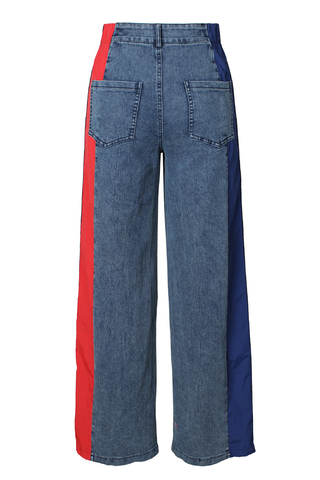 Blue Red Casual Contrast Mid Waist Loose Denim Jeans
