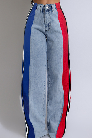 Blue Red Casual Contrast Mid Waist Loose Denim Jeans