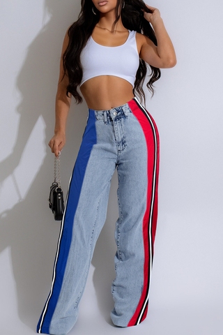 Blue Red Casual Contrast Mid Waist Loose Denim Jeans
