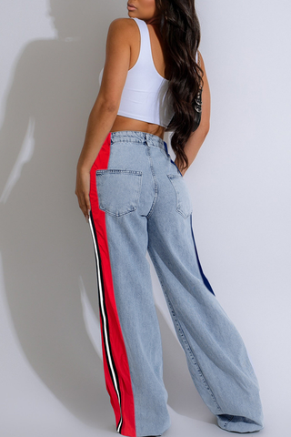 Blue Red Casual Contrast Mid Waist Loose Denim Jeans