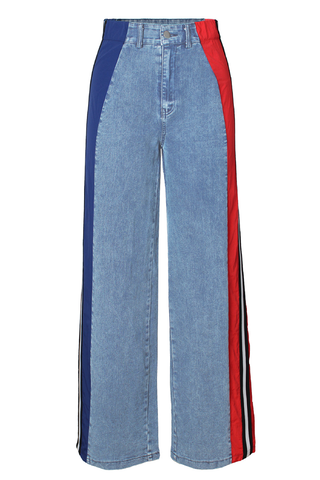 Blue Red Casual Contrast Mid Waist Loose Denim Jeans