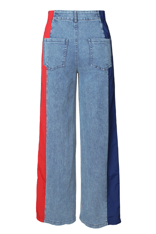 Blue Red Casual Contrast Mid Waist Loose Denim Jeans
