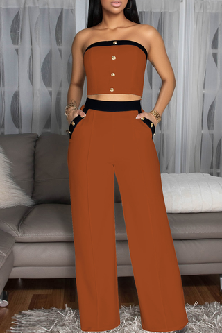 Black Casual Solid Color Buckle Strapless Sleeveless Two Pieces