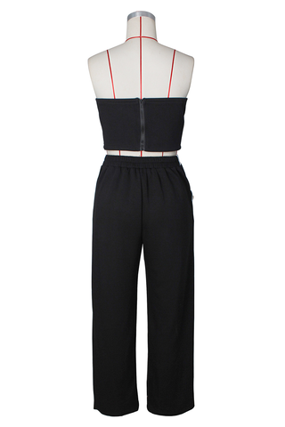 Black Casual Solid Color Buckle Strapless Sleeveless Two Pieces