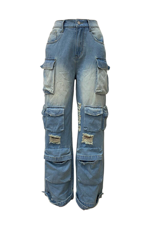 Baby Blue Casual Solid Color Pocket Mid Waist Loose Denim Jeans
