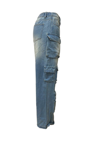 Baby Blue Casual Solid Color Pocket Mid Waist Loose Denim Jeans