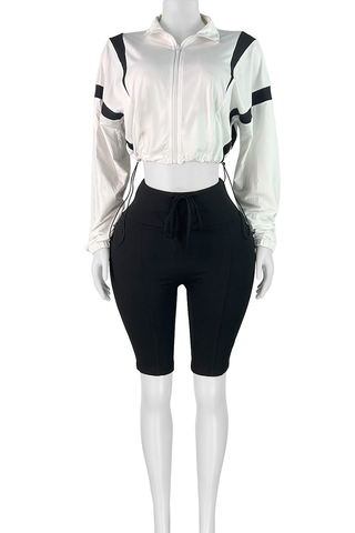 Black Casual Stripe Draw String Zipper Zipper Collar Long Sleeve Two Pieces