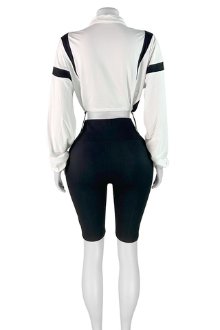 Black Casual Stripe Draw String Zipper Zipper Collar Long Sleeve Two Pieces