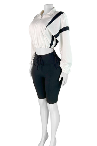 Black Casual Stripe Draw String Zipper Zipper Collar Long Sleeve Two Pieces