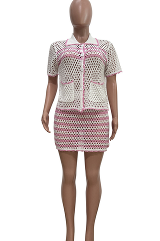 Pink Casual Stripe Pocket Buckle Turndown Collar Half Sleeve Two Pieces