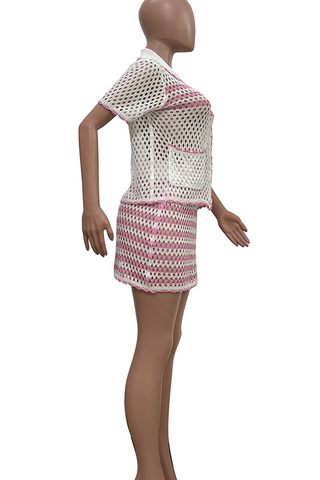 Pink Casual Stripe Pocket Buckle Turndown Collar Half Sleeve Two Pieces