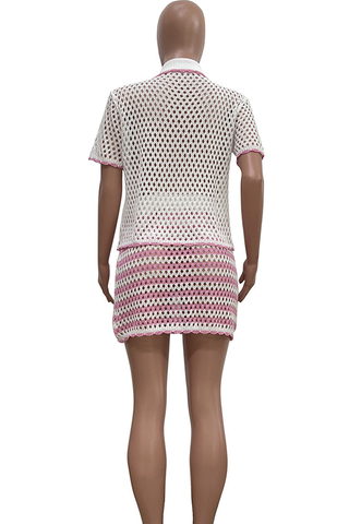 Pink Casual Stripe Pocket Buckle Turndown Collar Half Sleeve Two Pieces