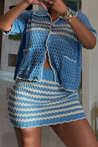 Pink Casual Stripe Pocket Buckle Turndown Collar Half Sleeve Two Pieces