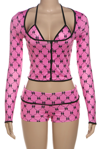 Rose Red Sexy Print Strap Design Halter Long Sleeve Two Pieces