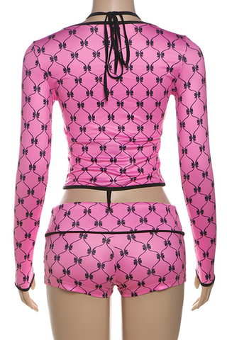 Rose Red Sexy Print Strap Design Halter Long Sleeve Two Pieces