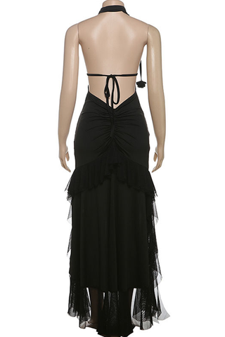 Black Sexy Solid Color Backless High Slit Deep V Neck Long Dresses