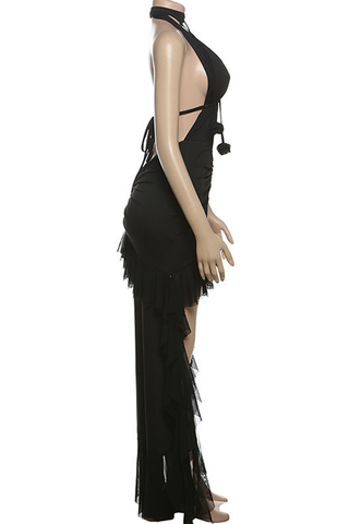 Black Sexy Solid Color Backless High Slit Deep V Neck Long Dresses