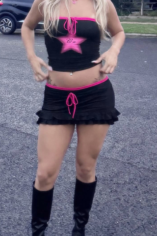 Black Sexy Print Draw String Strapless Sleeveless Two Pieces