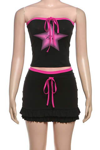 Black Sexy Print Draw String Strapless Sleeveless Two Pieces