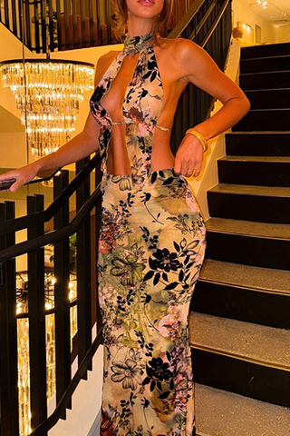 Green Sexy Print Patchwork Slit O Neck Sleeveless Two Pieces