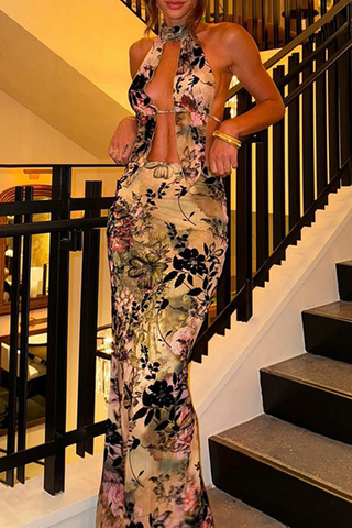 Green Sexy Print Patchwork Slit O Neck Sleeveless Two Pieces