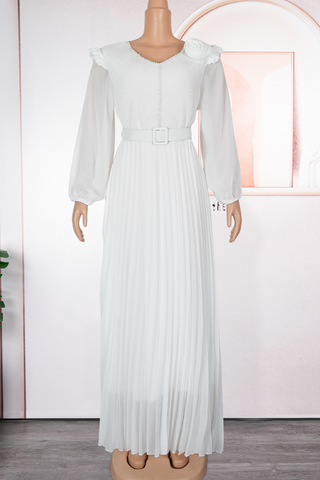 White Elegant Solid Color With Belt Pleated V Neck Long Plus Size Dresses