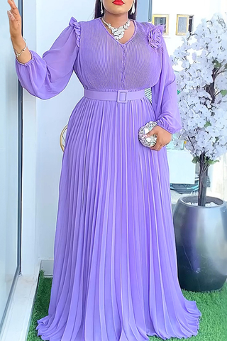 White Elegant Solid Color With Belt Pleated V Neck Long Plus Size Dresses