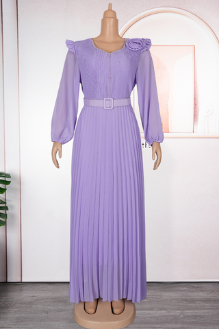 White Elegant Solid Color With Belt Pleated V Neck Long Plus Size Dresses