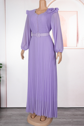 White Elegant Solid Color With Belt Pleated V Neck Long Plus Size Dresses