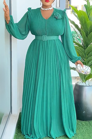 White Elegant Solid Color With Belt Pleated V Neck Long Plus Size Dresses