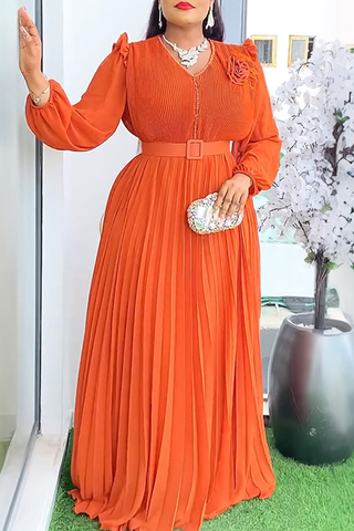 White Elegant Solid Color With Belt Pleated V Neck Long Plus Size Dresses