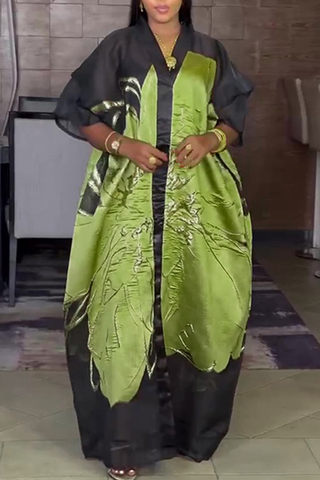 Green Casual Print Patchwork V Neck Half Sleeve Two Pieces