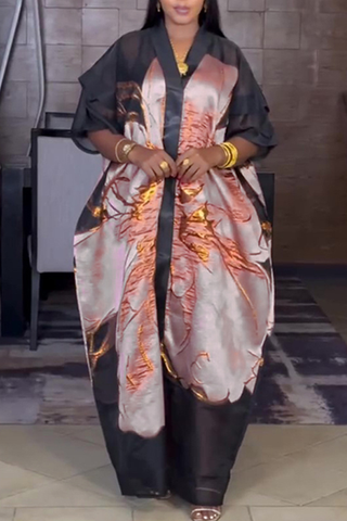 Green Casual Print Patchwork V Neck Half Sleeve Two Pieces