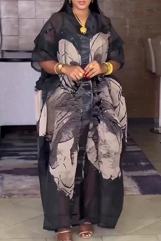 Green Casual Print Patchwork V Neck Half Sleeve Two Pieces