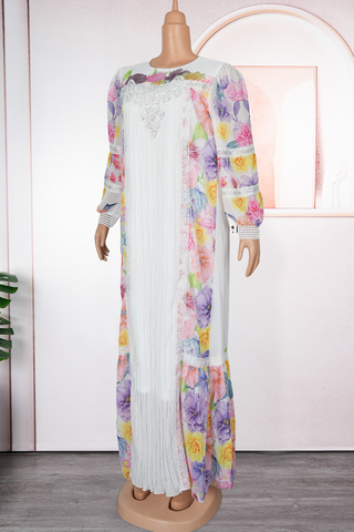 White Casual Print Pleated O Neck Long Dresses