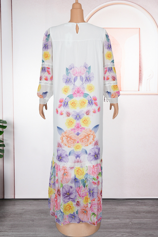 White Casual Print Pleated O Neck Long Dresses