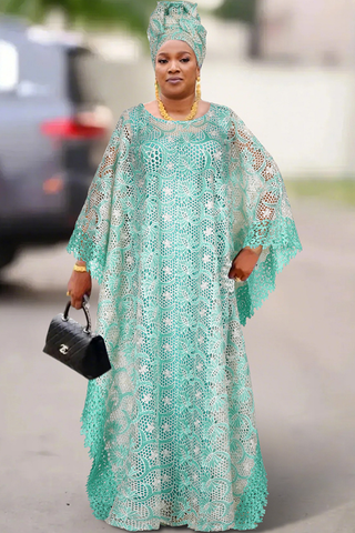 Green Casual Solid Color Lace O Neck Long Dresses