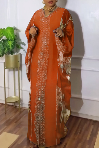 Tibetan Blue Casual Hot Drill V Neck Long Dresses