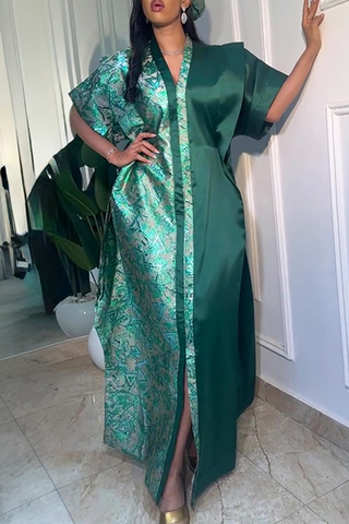 Green Casual Print Beading V Neck Long Dresses