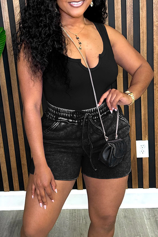 Black Casual Solid Color Draw String V Neck Sleeveless Two Pieces